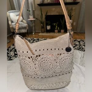 The Sak Sequoia Crochet Cream Rose Gold Hobo Elegant Shoulder Bag Bohemian Boho